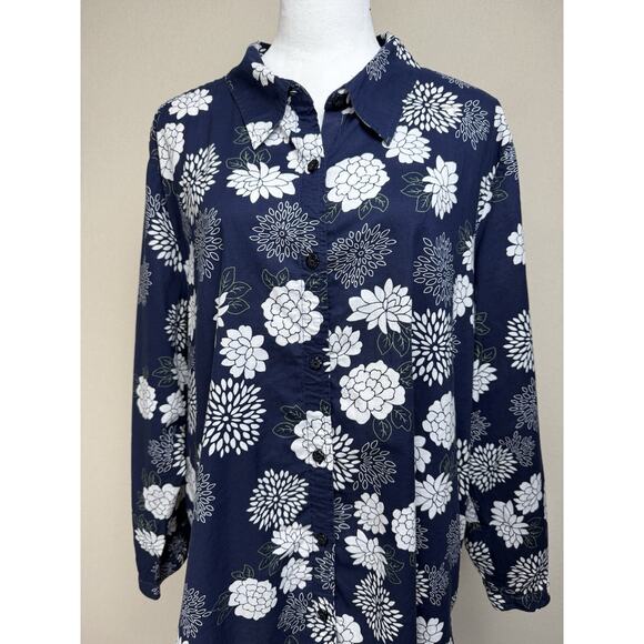 Susan Graver Women’s Plus Sz 2X Cotton Shirt Button Down Floral Print Navy White - Picture 2 of 16